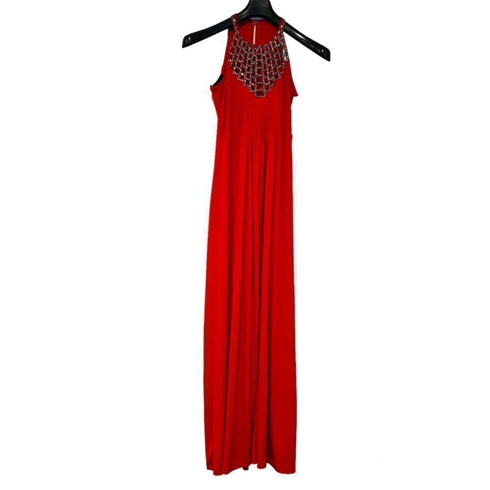 Aidan Mattox Red Beaded Neckline Halter Dress Gown Size 4
